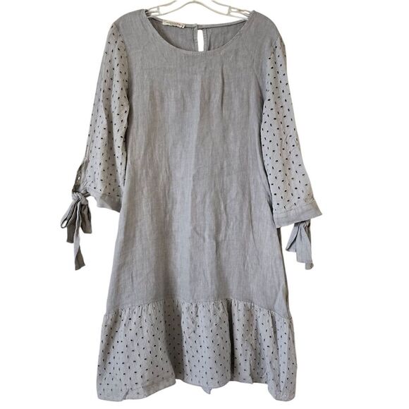 Francesca Bettini Women's Linen Mini Dress Eyelet Lace Size M Gray 3/4 Sleeve - Picture 1 of 8